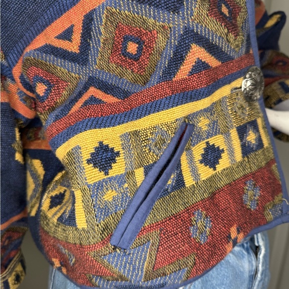 New Identity Blue and Red Geometric Blazer with Open Front Western Style. - Picture 5 of 14